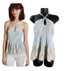 Anthropologie Moulinette‎ Soeurs Embroidered Linen Blend Peplum Halter To…